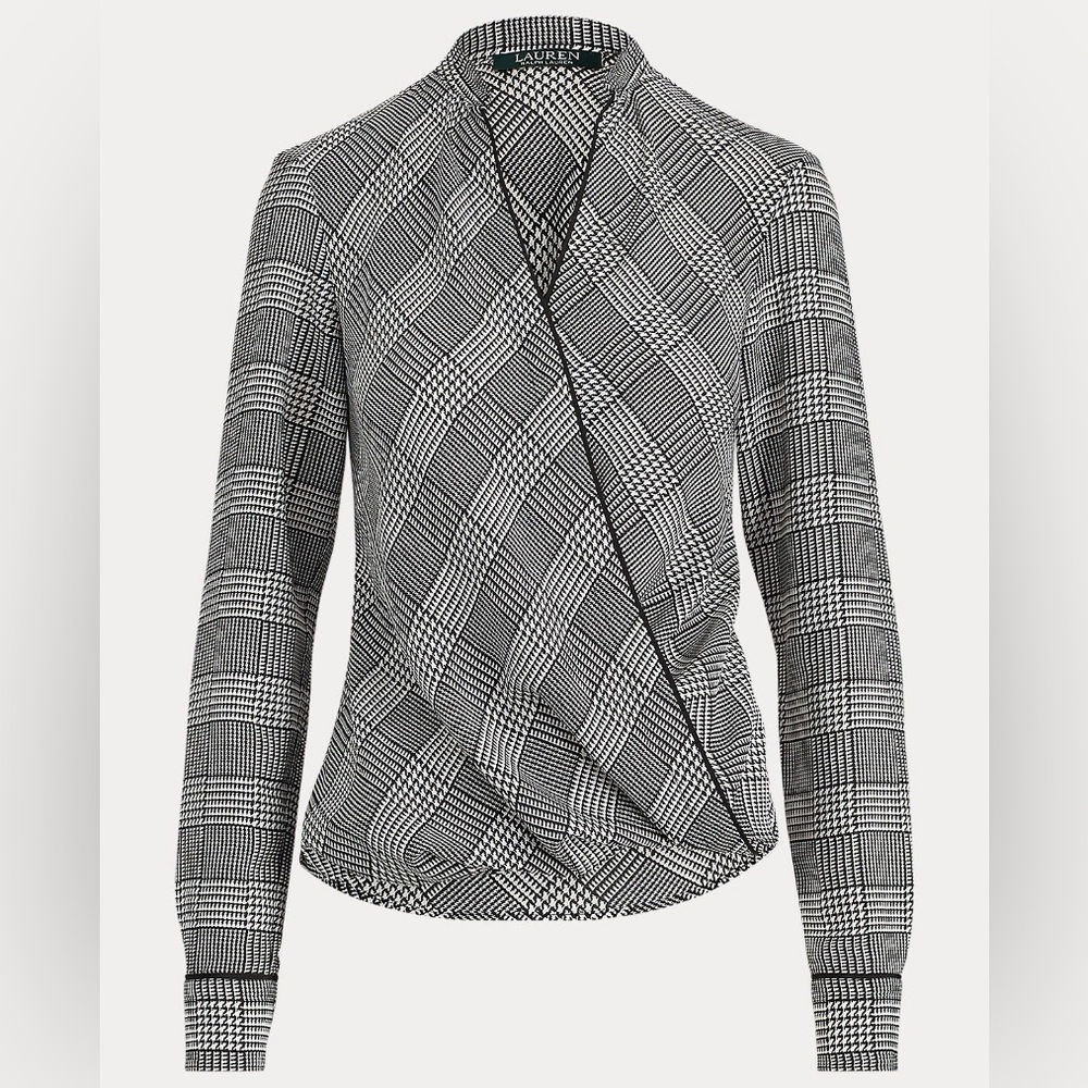 LAUREN Ralph Lauren Plaid Faux Wrap Surplice Blouse Glen Plaid Houndstooth PS
